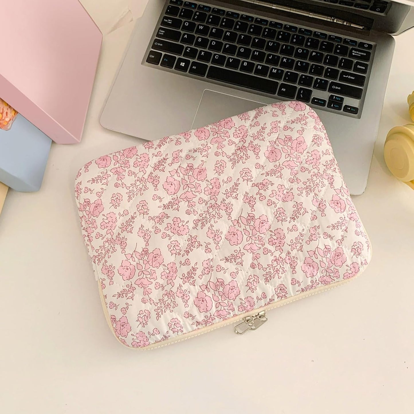 Puffy Laptop Sleeve 13 Inch Cute Quilted Laptop Protective Case Padded Floral Computer Sleeve for MacBook (A-Blue, 13 Inch)