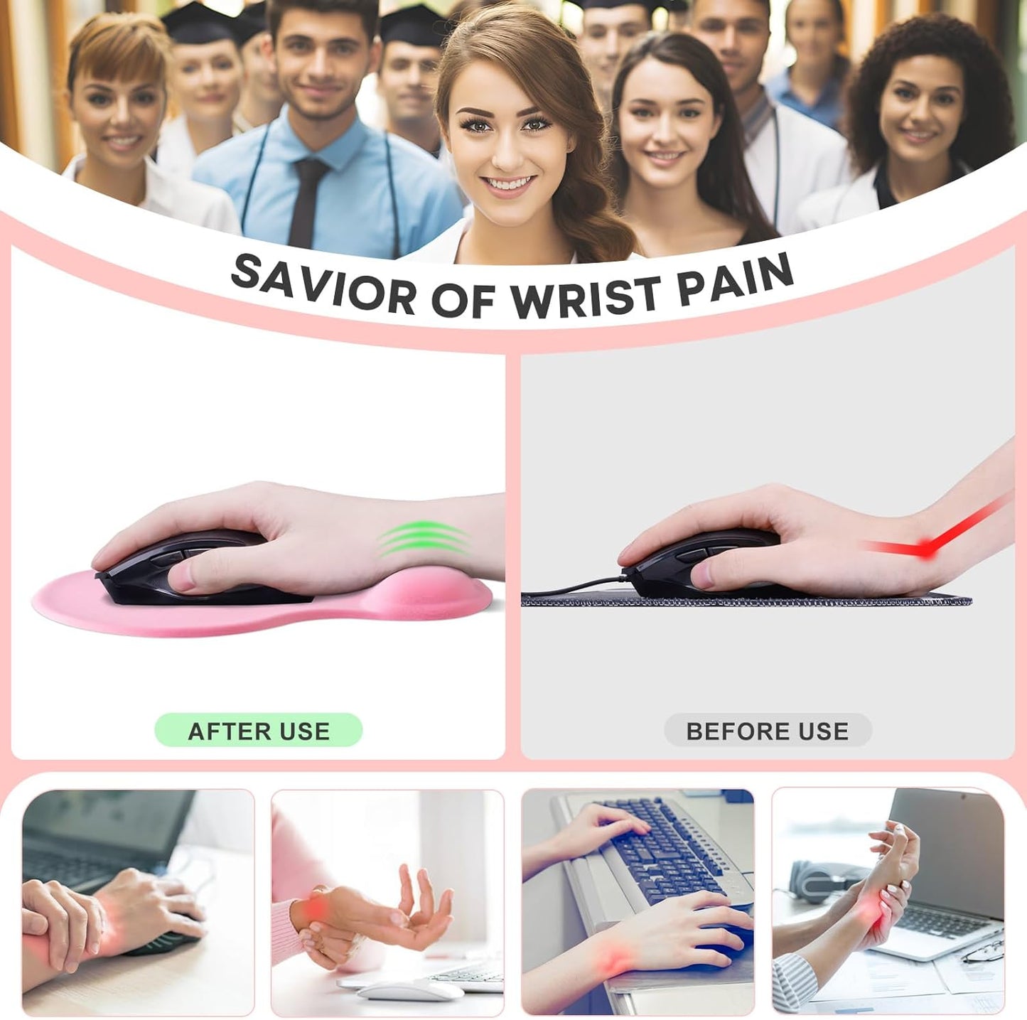 JIKIOU Mouse Pad, 2 Pack Ergonomic Mouse Pads with Comfortable Gel Wrist Rest Support and Smooth Cloth, Non-Slip PU Base for Easy Typing Pain Relief Durable and Easy to Clean Small Black
