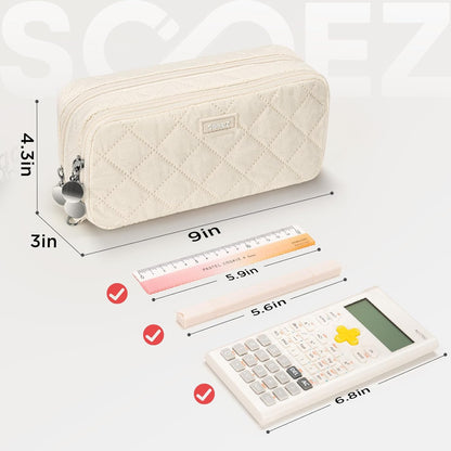 Sooez Large Pencil Case Pouch, Extra Big Pencil Bag with 8 Compartments, Pen Bag Wide Opening, Soft Quilted Pencil Pouch Organizer with Zipper, Portable Pencil Case for Teen Girls, Pink