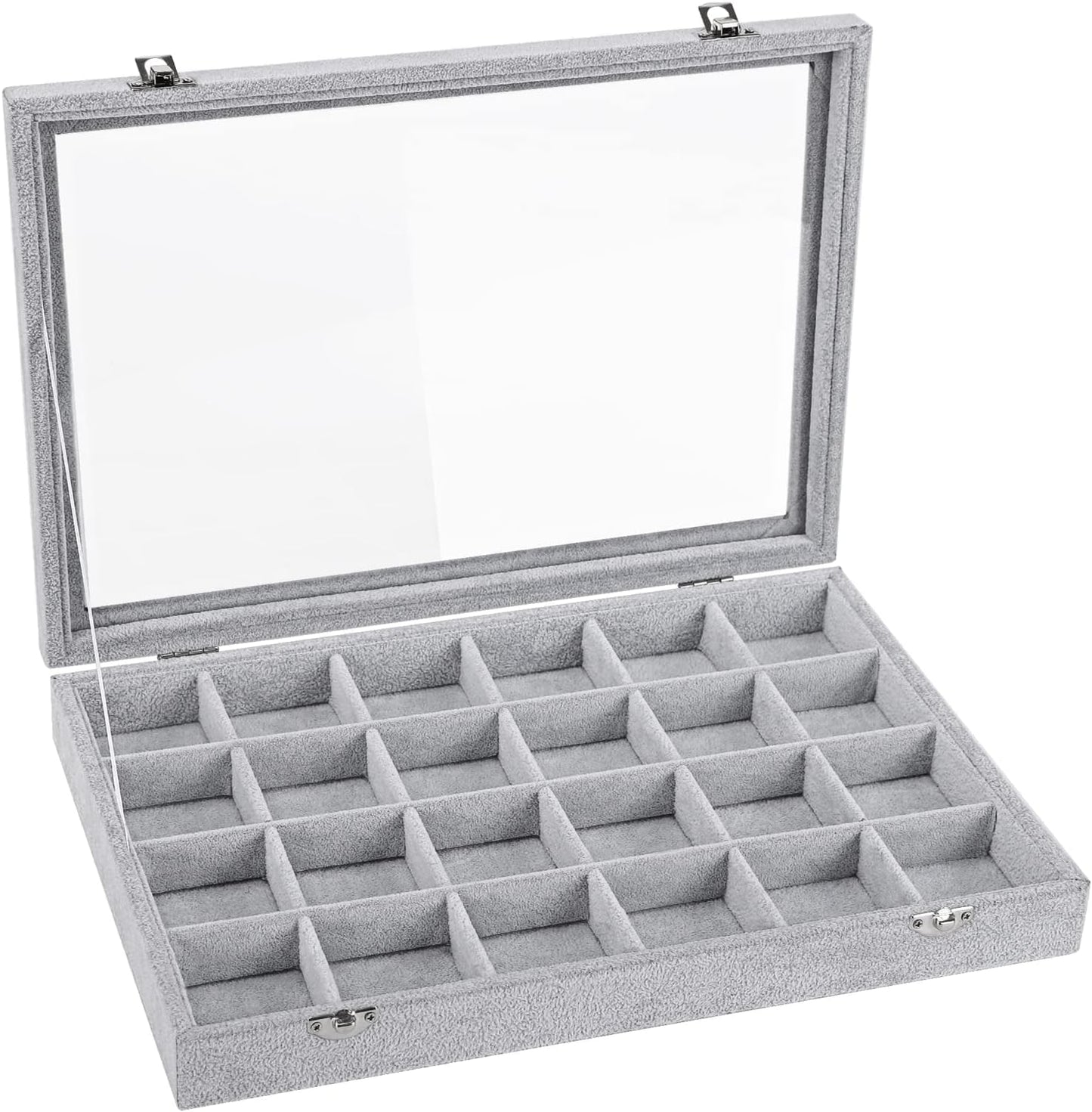 Emibele Glasses Organizer Jewelry Tray, 8 Grids with Clear Lid Velvet Tray Watch Storage Stackable Jewelry Showcase Display Storage with Detachable Inner Dividers, Beige