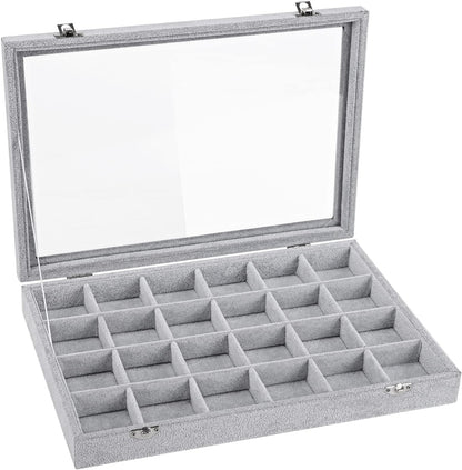 Emibele Glasses Organizer Jewelry Tray, 8 Grids with Clear Lid Velvet Tray Watch Storage Stackable Jewelry Showcase Display Storage with Detachable Inner Dividers, Beige