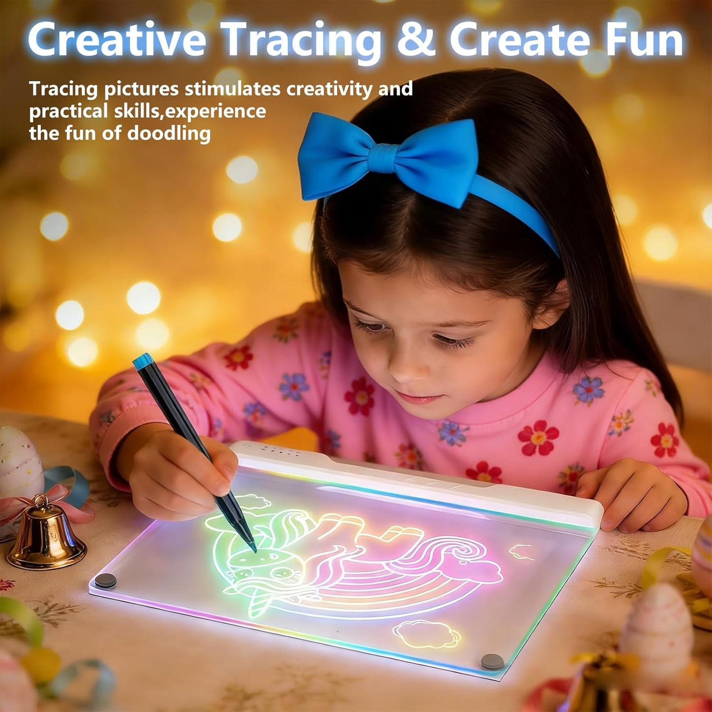 16-Inch Rechargeable Doodle Glow LED Note Board, 7-Color Light Modes, Neon Art Dry Erase Light Up Drawing Pad with Built-in Stand, Sketching Gift Toy for Kids/Girls/Teens, 5 Markers & Tracing Book