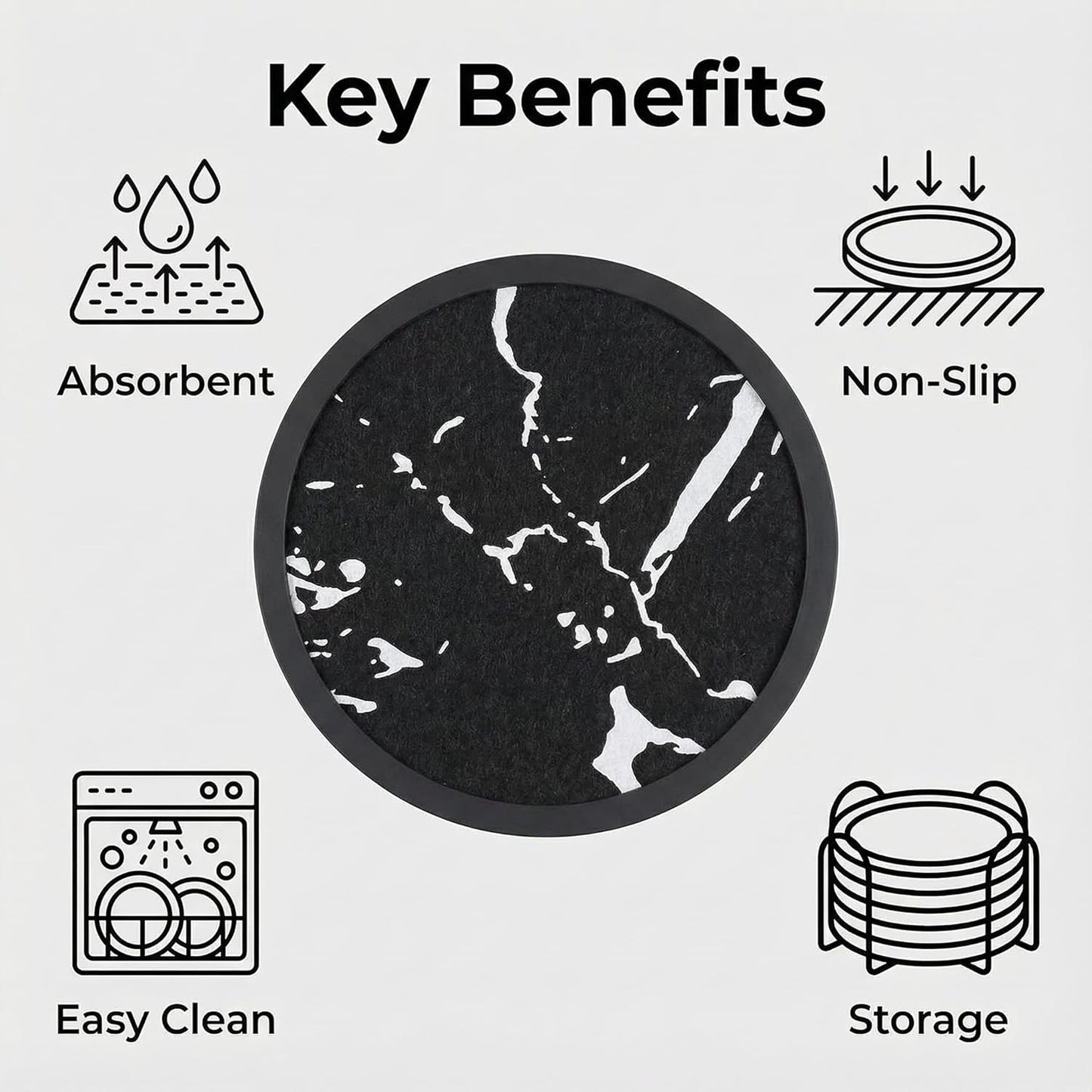 Absorbent Coasters for Drinks with Holder - 6packs, Silicone Coaster with Soft Felt Insert, Black (Coasters with Holder, Black)