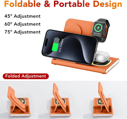3 in 1 Foldable Charging Station for Apple Products,Wireless Charger for iPhone 17 16 15 14 13 12 Pro Max,Travel Dock Adapter&Light for iWatch Series 11 10 9 Ultra 3/2 SE 3/2,for AirPods 4 3 2 Pro 3/2