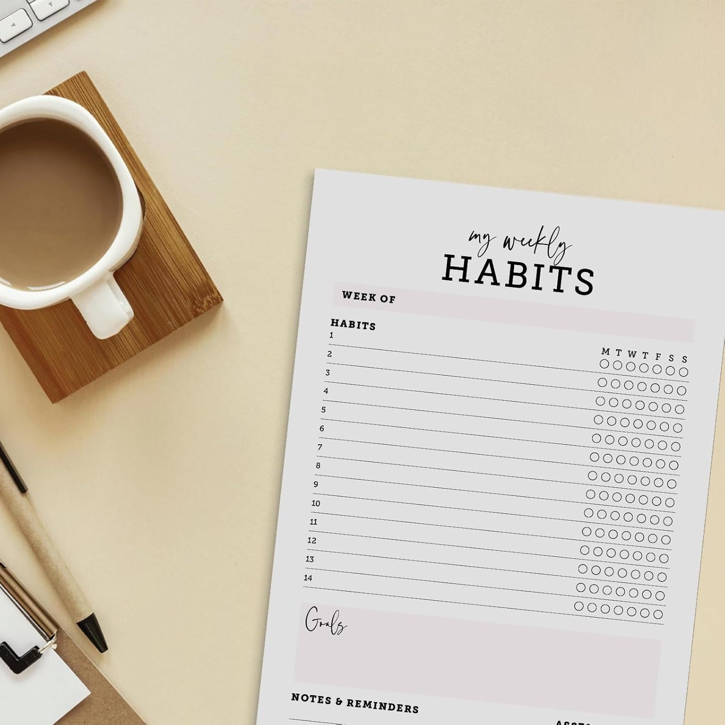 CARDAMONOLY Habit Tracker Notepad in Black and Light Pink- 50 Page Tear Off Planning Pad - 6 x 9 - High Performance Planner - Chore Chart for Adults - Weekly Planner Undated - Self Care Planner