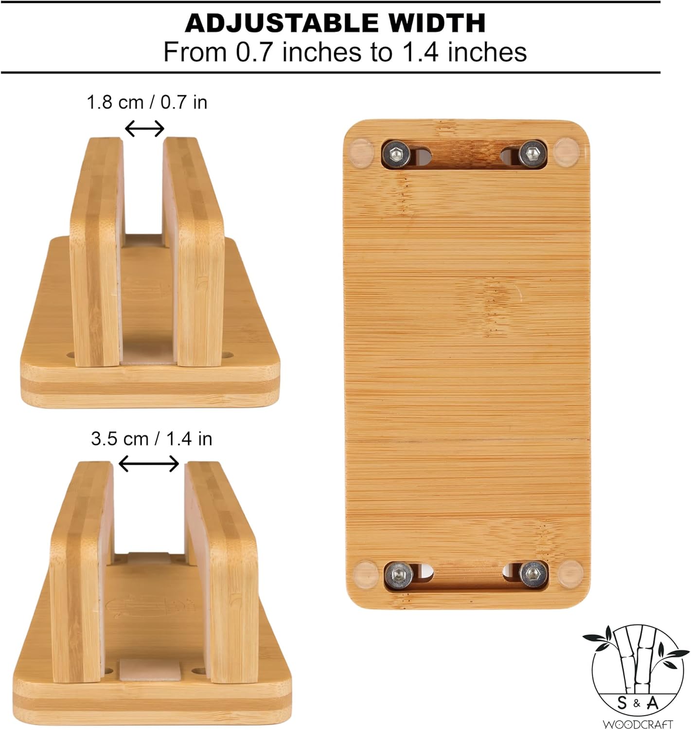S&A WOODCRAFT 3 Slots Bamboo Wood Vertical Laptop Stand, Adjustable Wooden Laptop Holder, Non-Slip Laptop Dock Compatible with Apple MacBook, Microsoft Surface, Gaming Laptops, IPad, Tablets