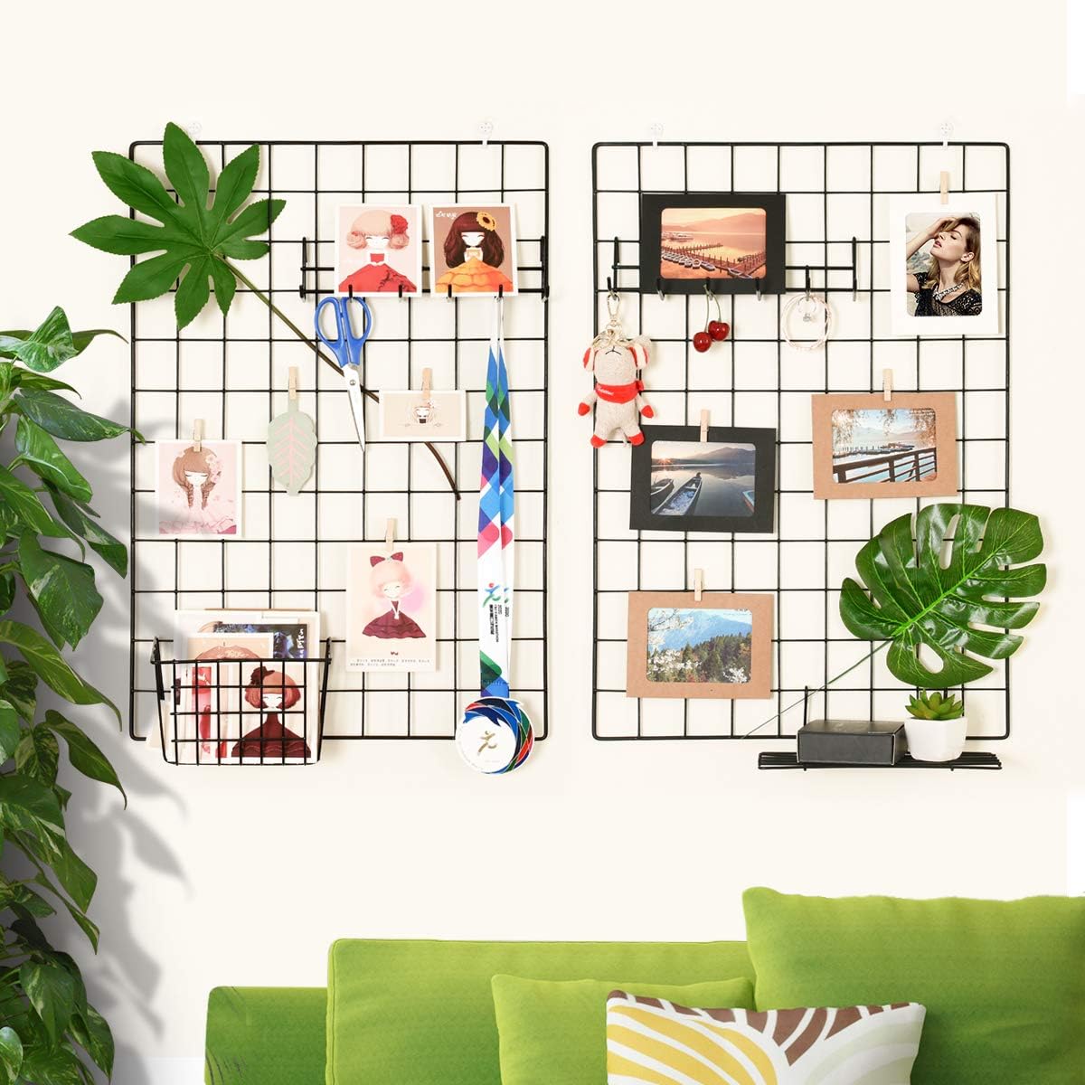 Wall Photo Grid Shelf, Wall Hanging Ins Art Display Grid Panel for Decor & Storage, Metal Wire Notice Boards & Memo Board, Mesh Tool Organiser, Wall Photo Frame 2 Pcs (Black, 15.7 x 31.5 inches)