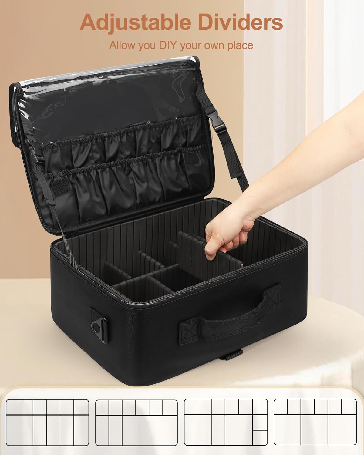 Relavel Makeup Case Large Makeup Bag Professional Train Case 16.5 inches Travel Cosmetic Organizer Brush Holder Waterproof Makeup Artist Storage Box, 3 Layer Large Capacity, with Adjustable Strap
