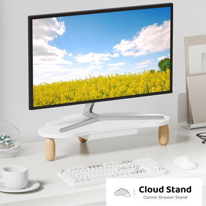 AFOOYO Monitor Stand Riser,Cloud-Shaped Sturdy Wood 16.5In Computer Monitor Riser Wirh Drawer, Multi-Purpose Desktop Organizer Riser for Computer,Laptop,Printer,TV,White