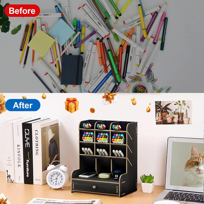 Marbrasse Wooden Desk Stationary Organizer, Multi-Functional Pen Holder, Storage Rack for School Home Office Art Supplie (B16-Cherry Color)