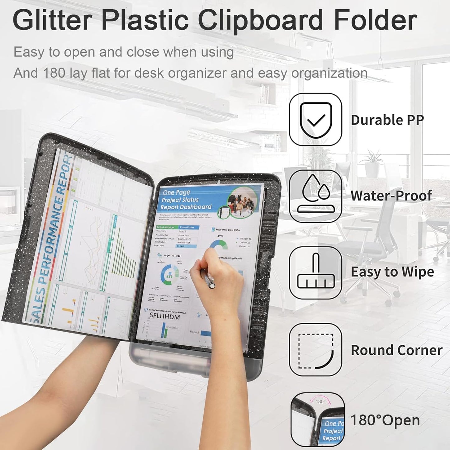 Glitter Clipboard with Storage,Storage Clipboard with Pen Holder,A4 Binder Clip Boards 8.5x11 with Low Profile Clip,Side Opening Sparkle Clipboards, Clipboards Folder for Office Supplies-Starry Black