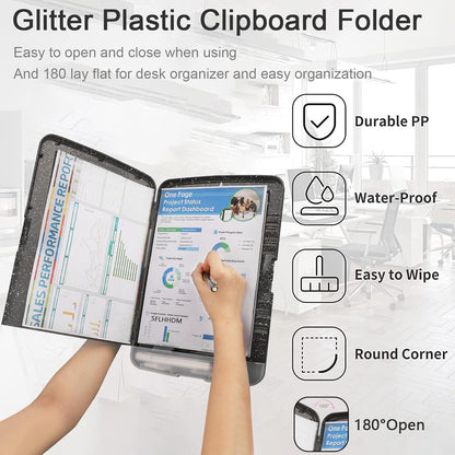 Glitter Clipboard with Storage,Storage Clipboard with Pen Holder,A4 Binder Clip Boards 8.5x11 with Low Profile Clip,Side Opening Sparkle Clipboards, Clipboards Folder for Office Supplies-Starry Black
