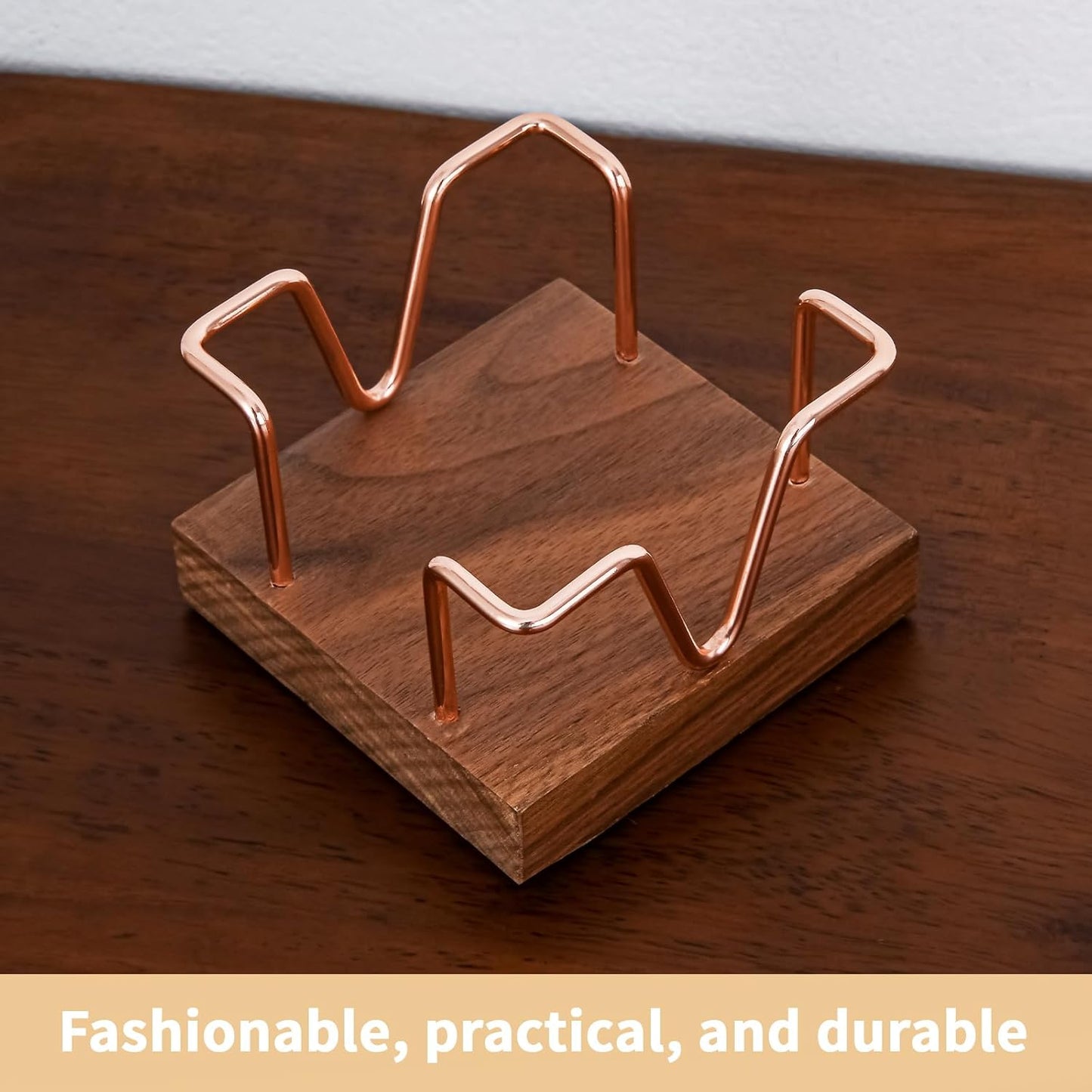 Walnut Wood Sticky Note Holder, 3 x 3 inch Self Stick Note Pad Holder, Post It Note Dispenser Desk Accessories for School and Office Desk Organizer, Gold