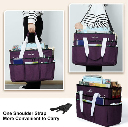 JJRING Craft Organizer Tote Bag for Art Storage, Caddy with Multiple Pockets, Bluish Green Sewing Bag for Scrapbooking, School, Medical, and Office Supplies