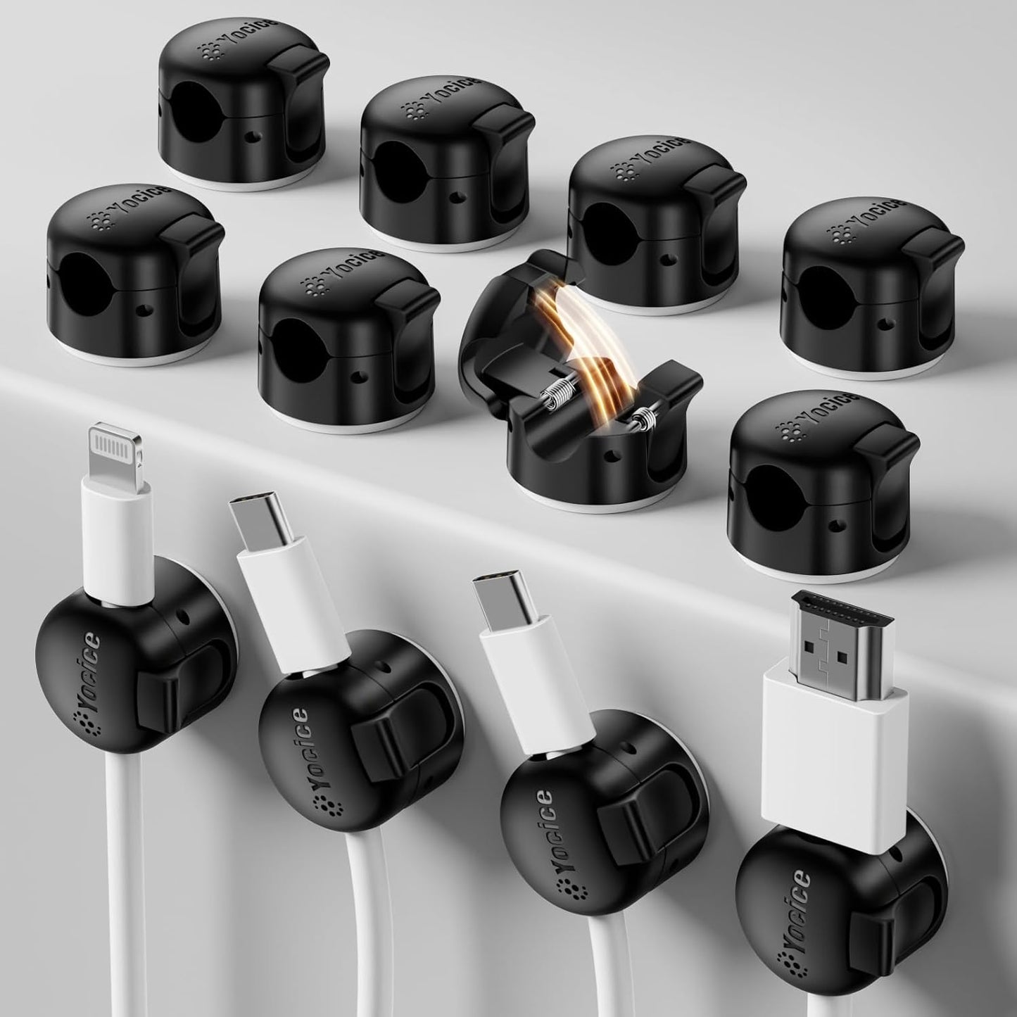 6 Pack Locking Spring Cable Clips, Rotatable Cord Organizer with Secure Lock Design, Adhesive Cord Holder for Desk Home Office Car Wall Charger Cable Management, Clear