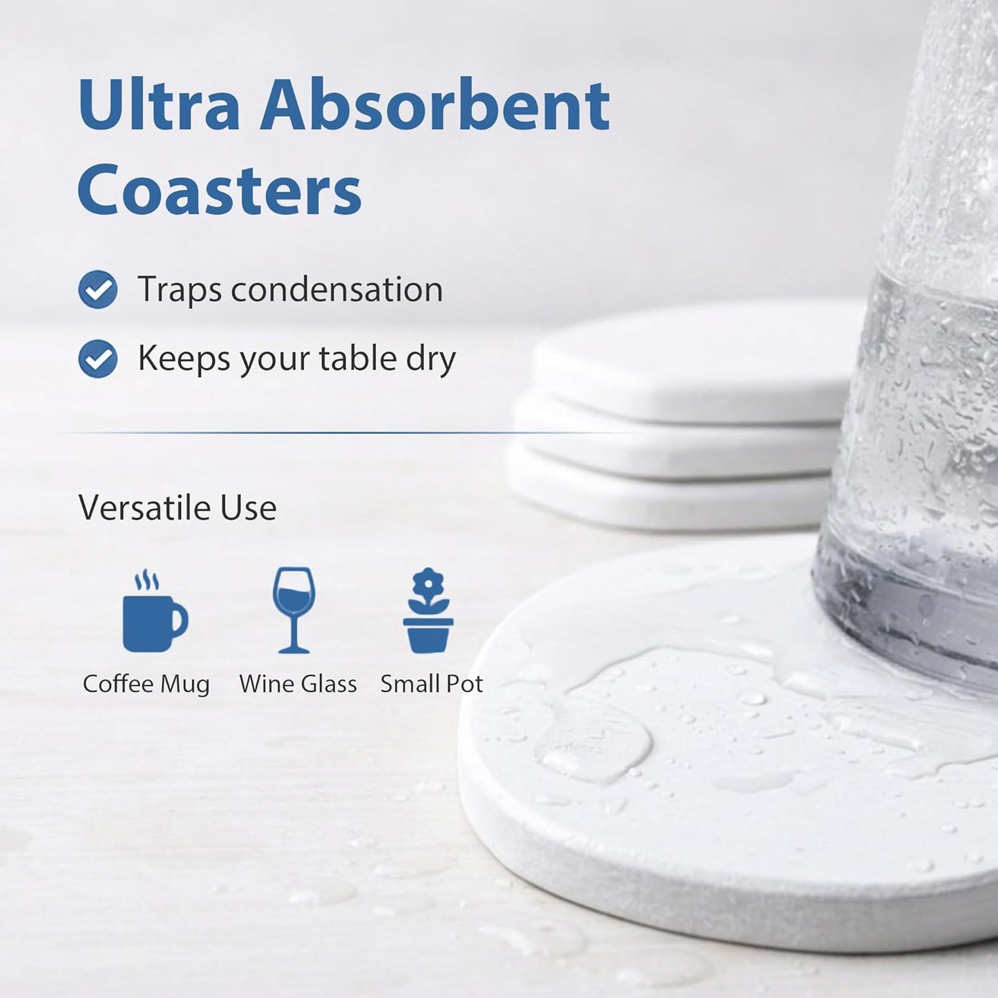 Diatomaceous Earth Coasters Set of 2 for Drinks, Moisture Water Absorbent Stone Coasters for Table Desk at Work, Water Absorbing Instant Drying Diatomite, Modern White