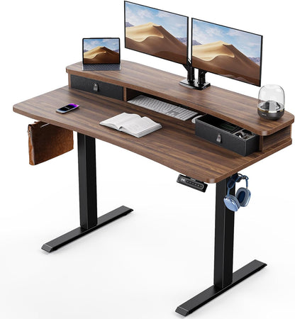 HUANUO 48″ x 24″ Electric Standing Desk with 2 Drawers, C-Clamp Mount Compatible, Height Adjustable Computer Desk, Home Office Stand Up Desk with 4 Preset Heights & 2 Hooks, Black