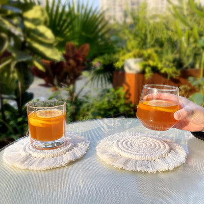 7.4in Boho Coasters for Drinks, Handmade Woven Absorbent Coasters for Desk, Farmhouse Cute Coaster for Mugs Cups - Gifts for Women, Beige
