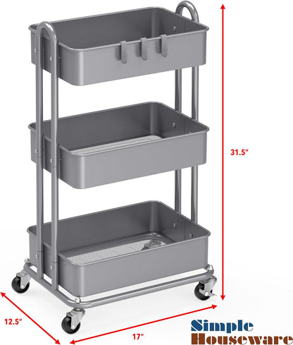 Simple Houseware 3-Tier Heavy Duty Metal Utility Rolling Cart, White