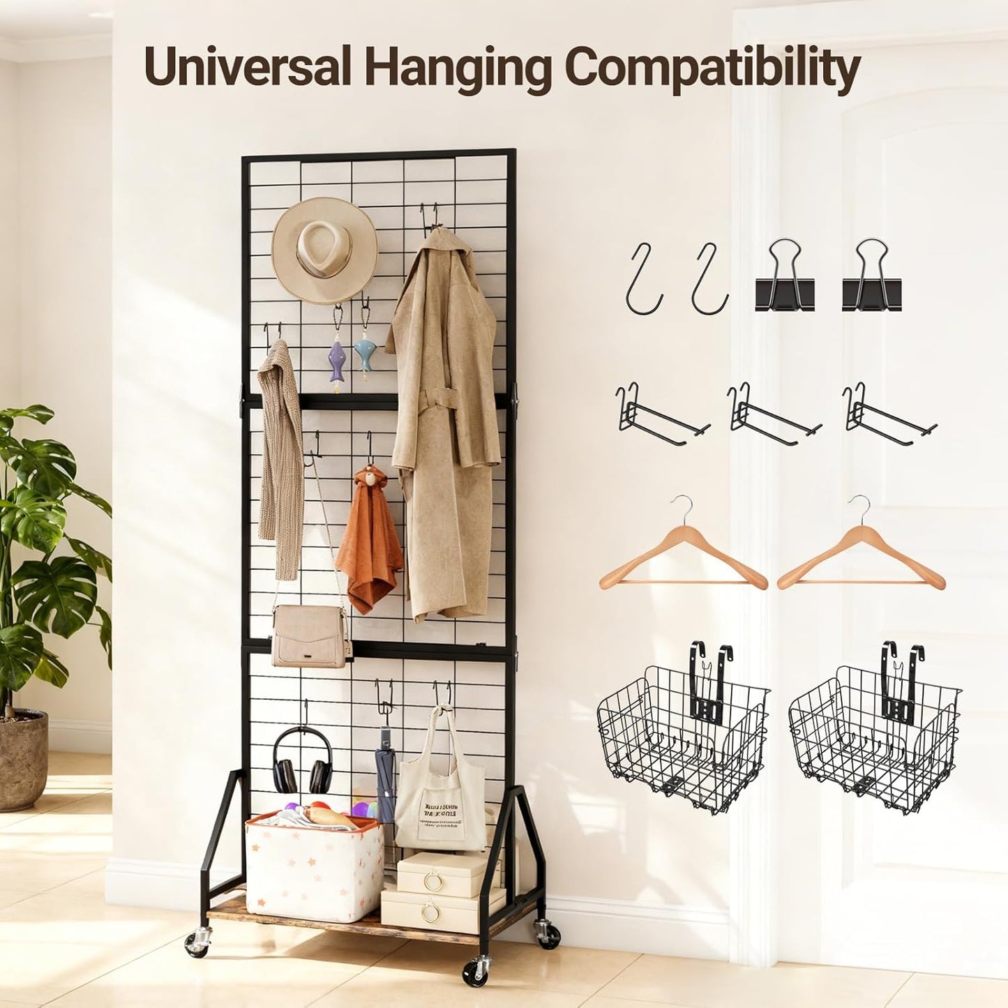 ELYKEN Foldable Grid Wall Panels 5.7' x 2' FT, Movable Wire Gridwall Display Rack with Wheels and Adjustable Foots, Retail Display Stand for Vendor with Storage (Rustic Brown)
