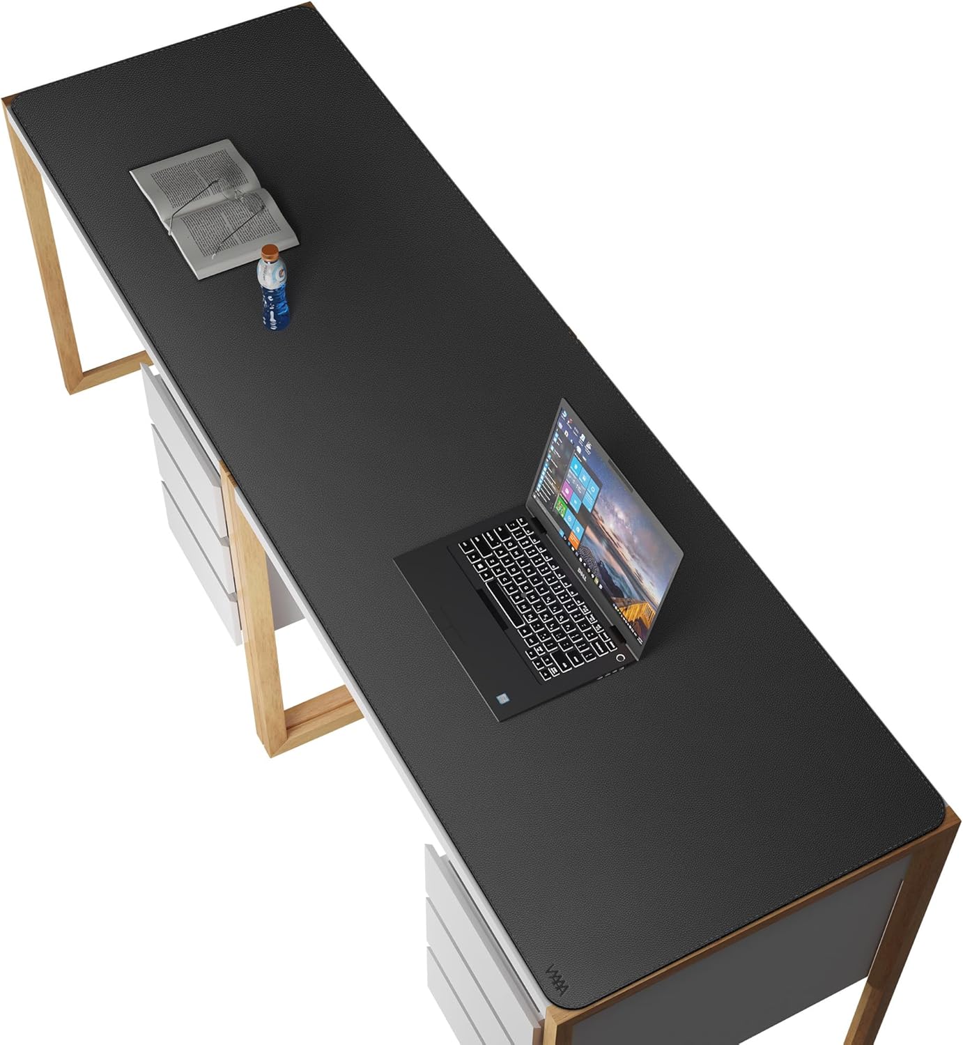 Vyaaa PU Leather & Cork Desk Mat, 39.4"x15.7" Dual Sided Computer Desk mat, Waterproof Large Mouse Pad, Non-Slip Office Desk pad, Office Desk Protector for Work/Gaming/Home (Black)