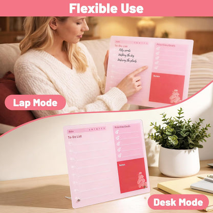 LeMotech Desktop Acrylic Dry Erase Board, 12x10 inches to-Do List Planner, Tabletop Whiteboard with Stand Office Supplies Includes 2 Markers & 1 Eraser, Pink Rose Pattern, 1 Pack