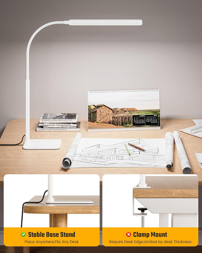 SUPERDANNY Eye-Caring LED Desk Lamp 360° Flexible Gooseneck Work Lamp with Desk Side Clamp Touch Control 3 Light Colors Smooth Dimming Task Lighting Reading Light for Home Office College Dorm, Black