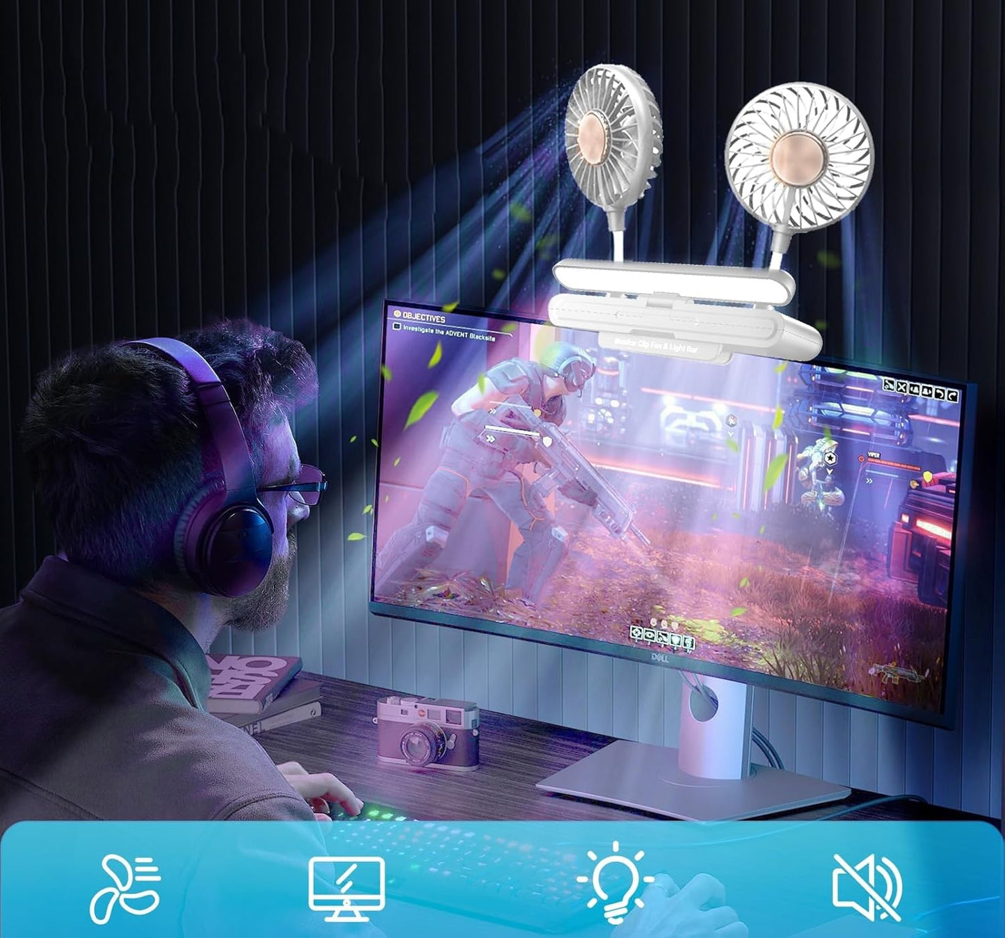 USB Monitor Clip on Fan via Flip-Open LED Light Bar, Two-Head Personal Cooling desktop Laptop Quiet USB Fan for Office, 3 Wind Speeds, for Flat, Curved Monitors (Deepsea Blue)