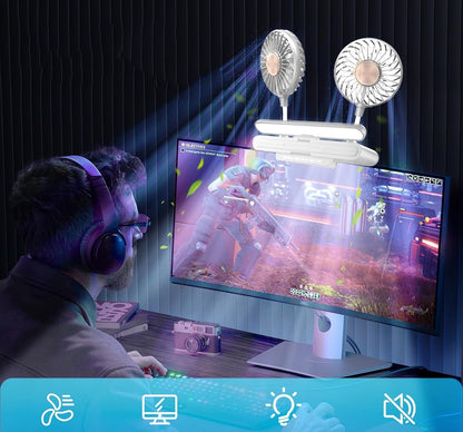 USB Monitor Clip on Fan via Flip-Open LED Light Bar, Two-Head Personal Cooling desktop Laptop Quiet USB Fan for Office, 3 Wind Speeds, for Flat, Curved Monitors (Deepsea Blue)