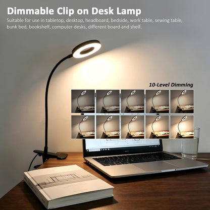 Akynite Desk Lamp Clip on Light, 48 LED USB Clamp Lamp with 5 Color Modes 10 Brightness Levels, 360° Flexible Gooseneck Eye Protection Reading Book Lights for Home Office Study, Adapter Included