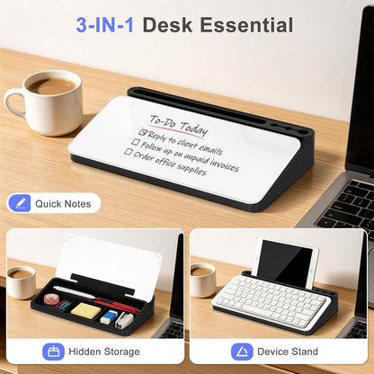 WALGLASS Small Desktop Whiteboard with Storage, Glass Desk Dry Erase White Board Computer Keyboard Stand with Drawer, Desk Organizers with Accessories for Office, Home, School Supplies White