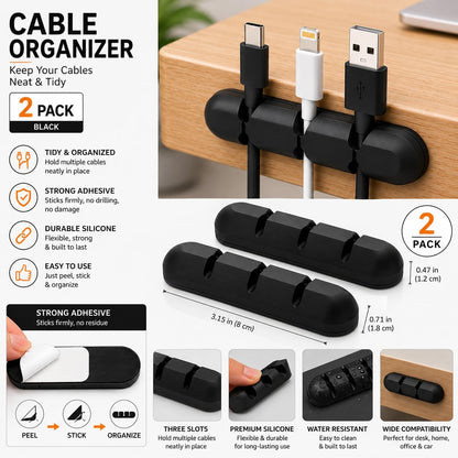 Cable Organizer Clips 2 Pack, Silicone Cord Holder for Desk, Strong Adhesive Cable Organizer for USB Charging Cables, Home Office & Car Wire Management (Black)