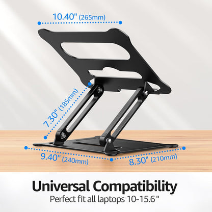 Urmust Aluminum Laptop Stand, Portable Laptop Riser, Adjustable Laptop Stand for Desk Foldable, Ergonomic Computer Notebook Holder for MacBook Air Pro HP, Office Desk Accessories (10-15.6'')- Black