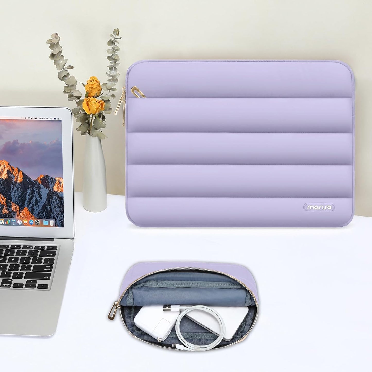 MOSISO Laptop Case 13.3 inch,13-13.3 inch Puffy Laptop Sleeve Compatible with MacBook Neo/Air 13.6 M5 M4 M3 M2 M1/Pro 13/14,HP Dell ASUS Lenovo,Polyester Horizontal Bag with Small Case, Sand