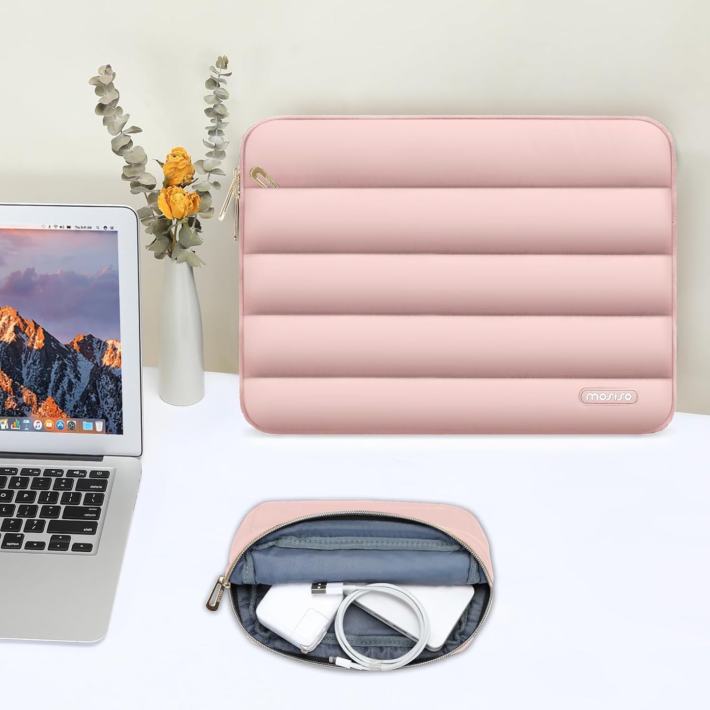 MOSISO Laptop Case 13.3 inch,13-13.3 inch Puffy Laptop Sleeve Compatible with MacBook Neo/Air 13.6 M5 M4 M3 M2 M1/Pro 13/14,HP Dell ASUS Lenovo,Polyester Horizontal Bag with Small Case, Sand