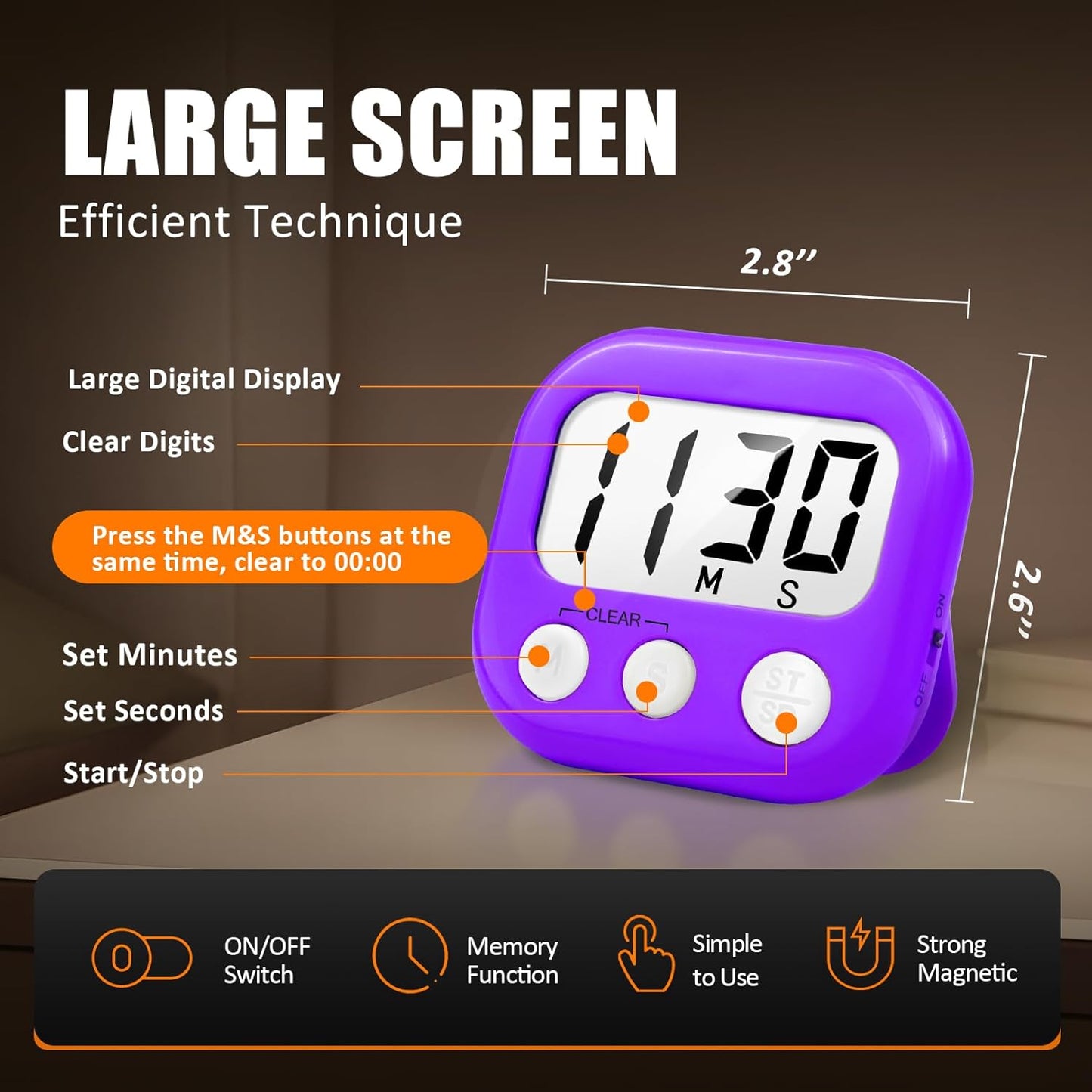 2 Pack Digital Kitchen Timer for Cooking Big Digits Loud Alarm Magnetic Backing Stand Cooking Timers for Baking White