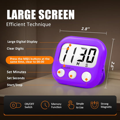 2 Pack Digital Kitchen Timer for Cooking Big Digits Loud Alarm Magnetic Backing Stand Cooking Timers for Baking White