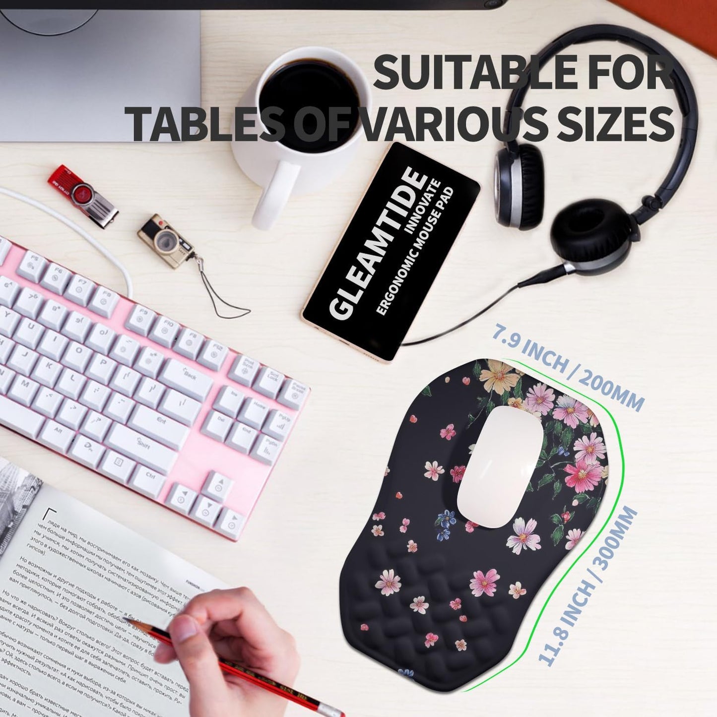 Ergonomic Raised Mouse Pad Wrist Support with Bilateral Slope Memory Foam Mousepad for Wrist Rest and Carpal Tunnel Pain Relief 11.8x7.9〃 Black