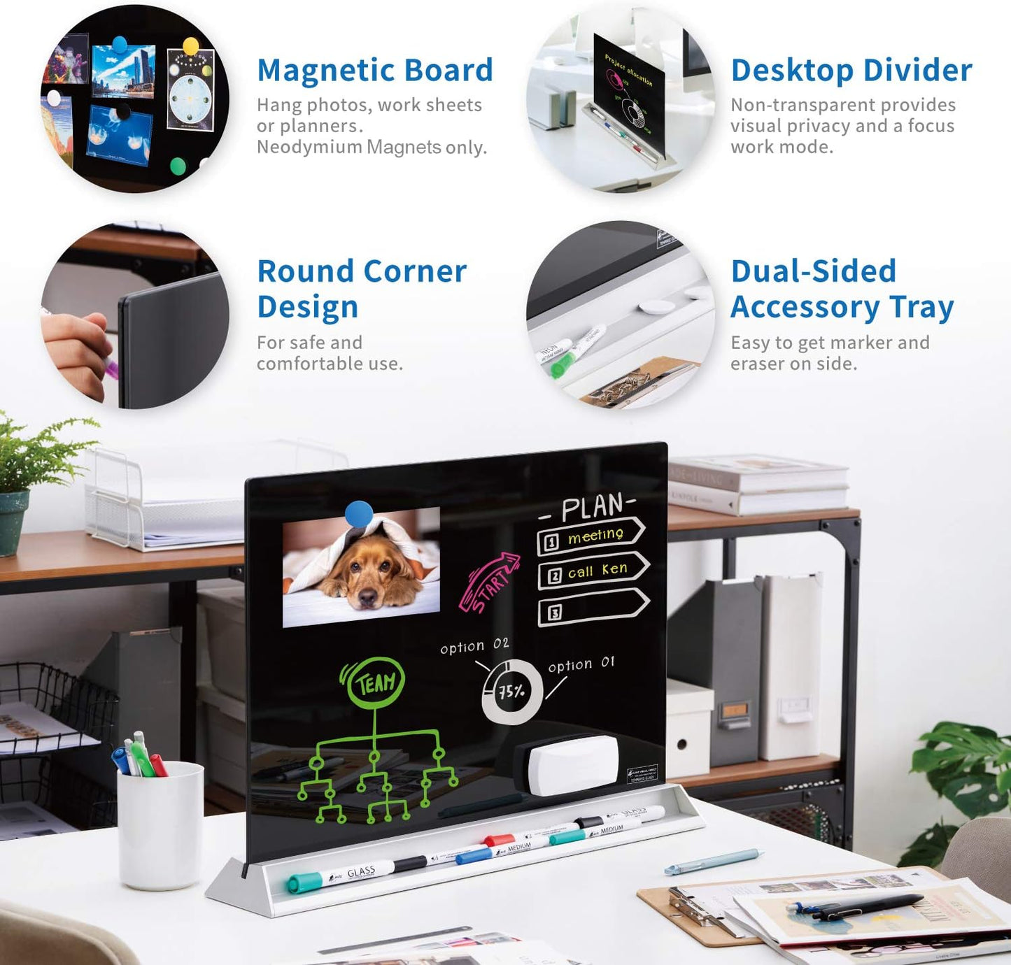 Audio-Visual Direct - Glass Desktop Computer Keyboard Whiteboard Notepad Set, Black (Includes Neon Marker, Eraser & Sticky Notes)