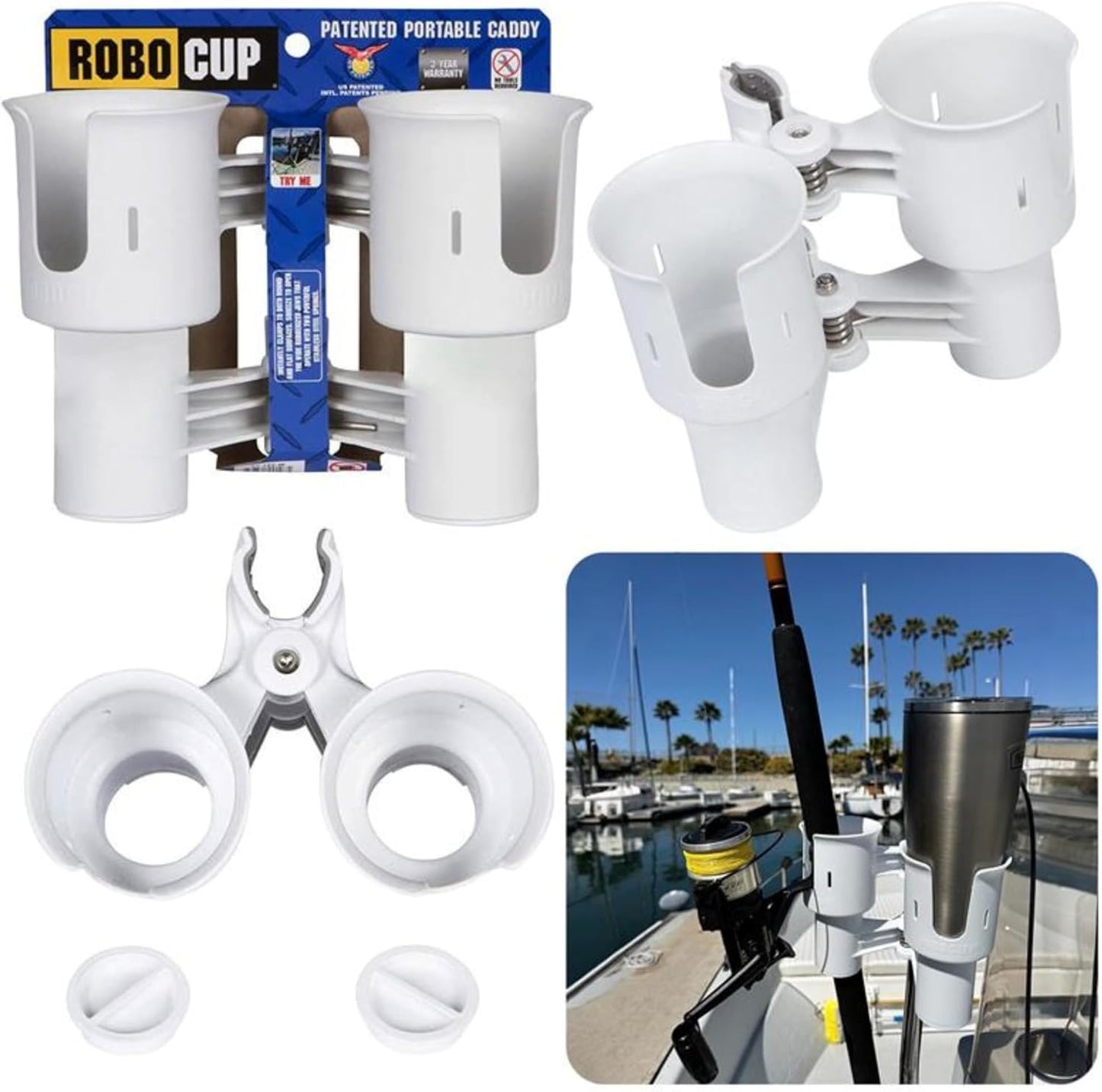 ROBOCUP, (White), Patented Clamp On Boat Cup Holder |Multifunction Dual Drink Caddy for Fishing Poles, Tools, Net, Gaff |Portable Storage for Boating, Beach, Umbrellas, Golf Carts, Strollers