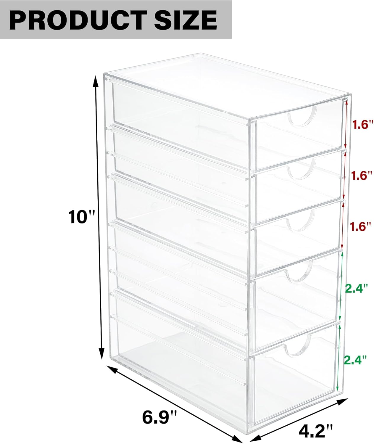 Prsildan Acrylic Drawer Makeup Organizer with 6 Drawers (Not for Baby Bottle), Set of 2 Office Desk Organizers Accessories, Clear Stackable Storage Drawers for Vanity, Craft (Largest Drawer 4" Tall)
