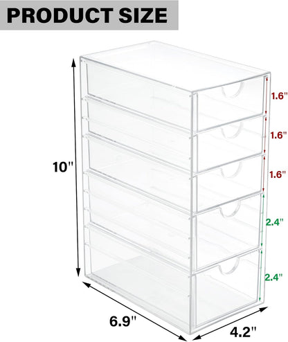 Prsildan Acrylic Drawer Makeup Organizer with 6 Drawers (Not for Baby Bottle), Set of 2 Office Desk Organizers Accessories, Clear Stackable Storage Drawers for Vanity, Craft (Largest Drawer 4" Tall)