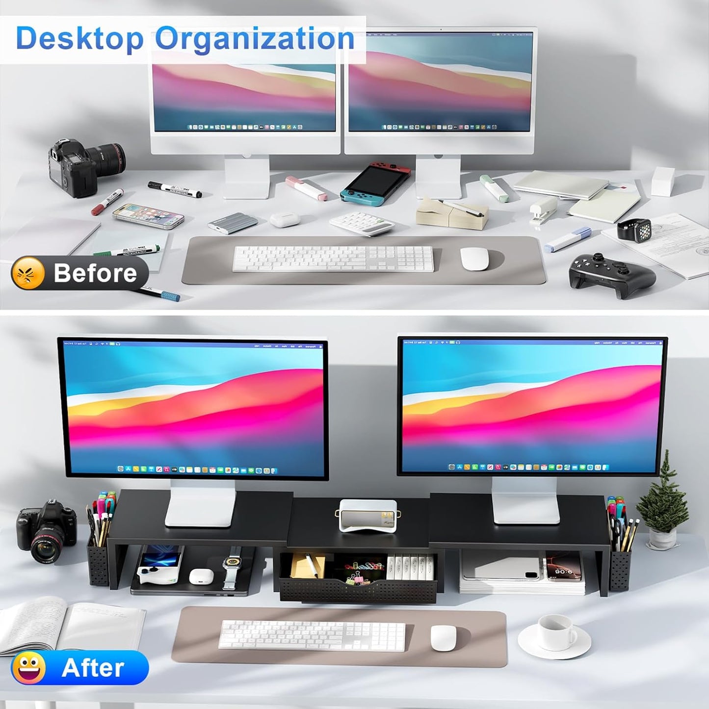 gianotter Dual Monitor Stand Riser, Desk Organizer With Drawer and 2 Pen Holders,Computer Monitor Stand, Desk Shelf for Top of Desk, Wood