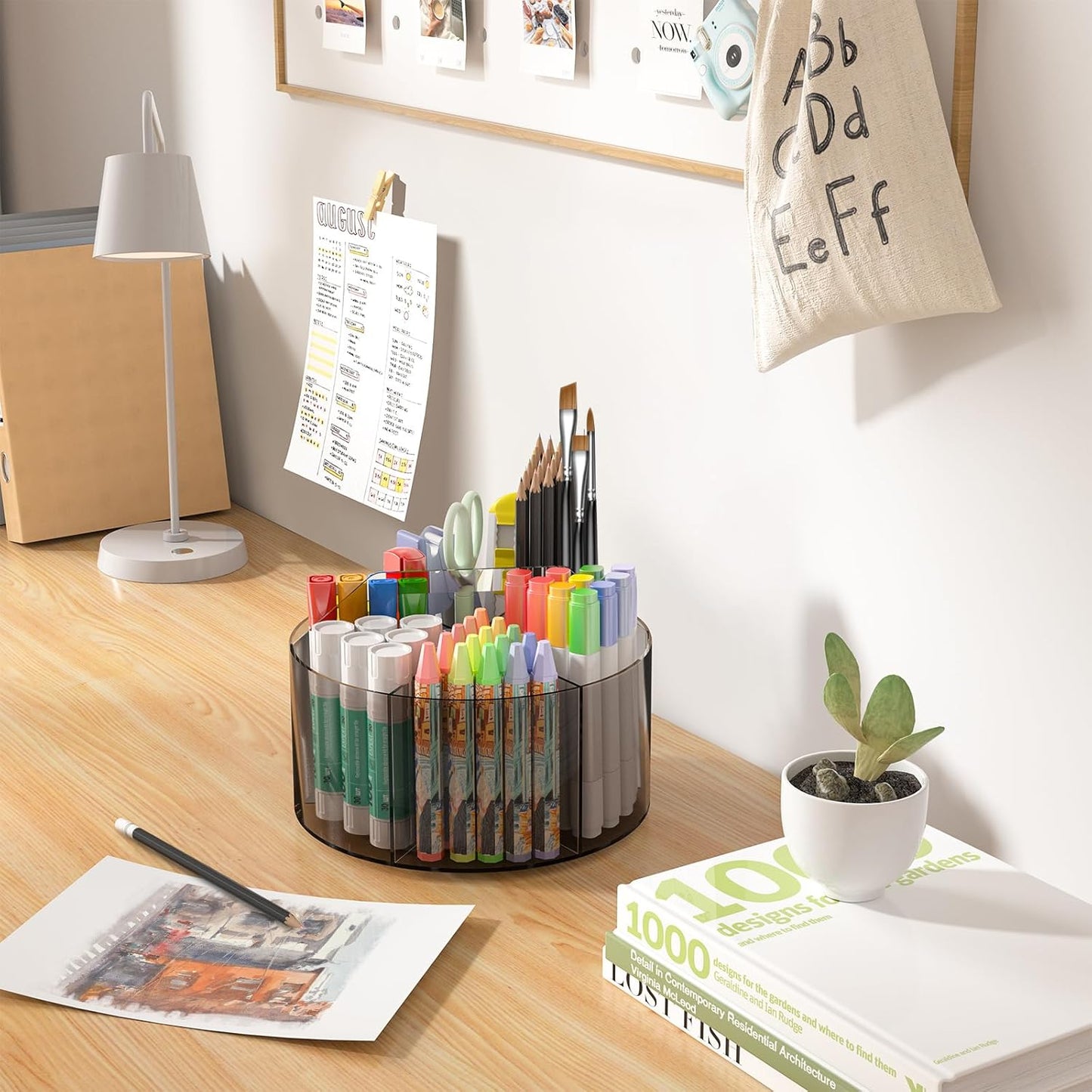 Mefirt Acrylic Pen Holder, 360 Degree Rotating Pen Organizer, Rotating Desk Acrylic Office Organizer with 6 Compartments, Marker Organizer for Kid, Crayon Caddy School Art Supply Storage Organizer