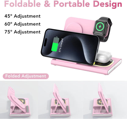 3 in 1 Foldable Charging Station for Apple Products,Wireless Charger for iPhone 17 16 15 14 13 12 Pro Max,Travel Dock Adapter&Light for iWatch Series 11 10 9 Ultra 3/2 SE 3/2,for AirPods 4 3 2 Pro 3/2