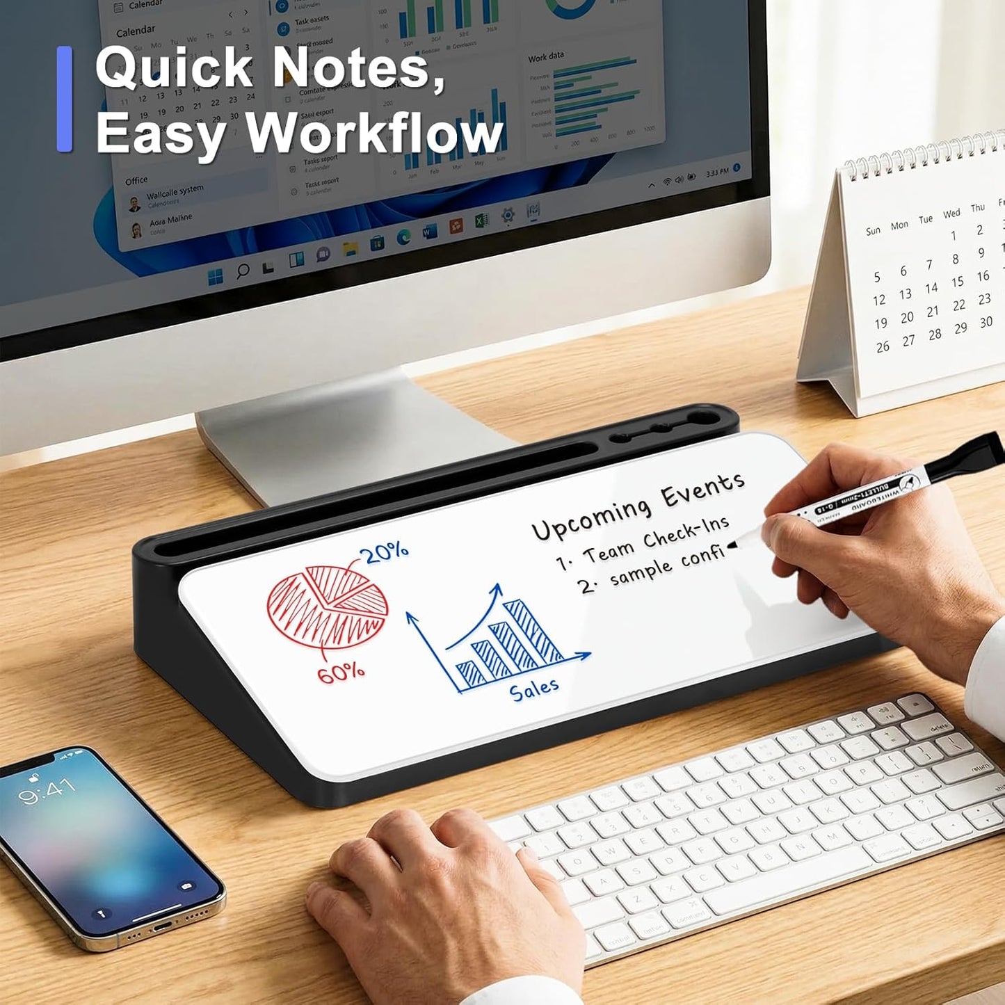 WALGLASS Small Desktop Whiteboard with Storage, Glass Desk Dry Erase White Board Computer Keyboard Stand with Drawer, Desk Organizers with Accessories for Office, Home, School Supplies White