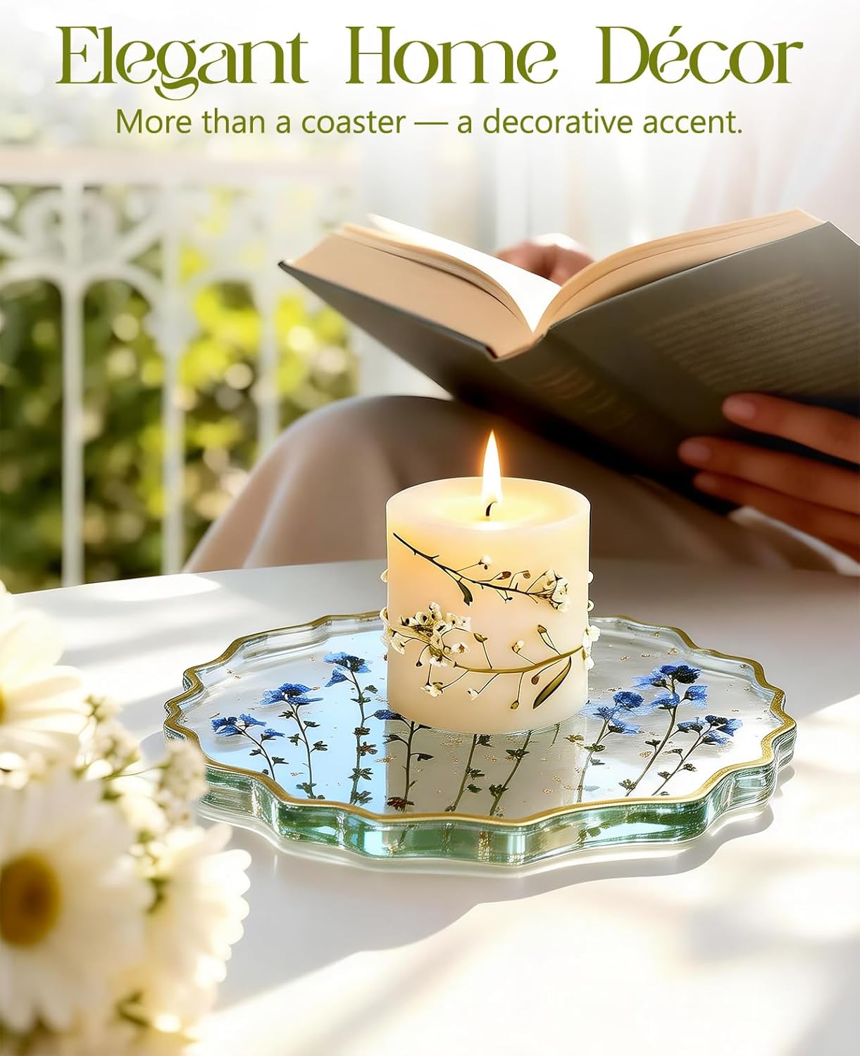 Oqplog Resin Drink Coaster for Desk Coffee Table-Pink White Cute Dried Flowers Cup Coaster for Work Office Home Outdoor Decor Gifts for Girls Women,1 Pcs Wave