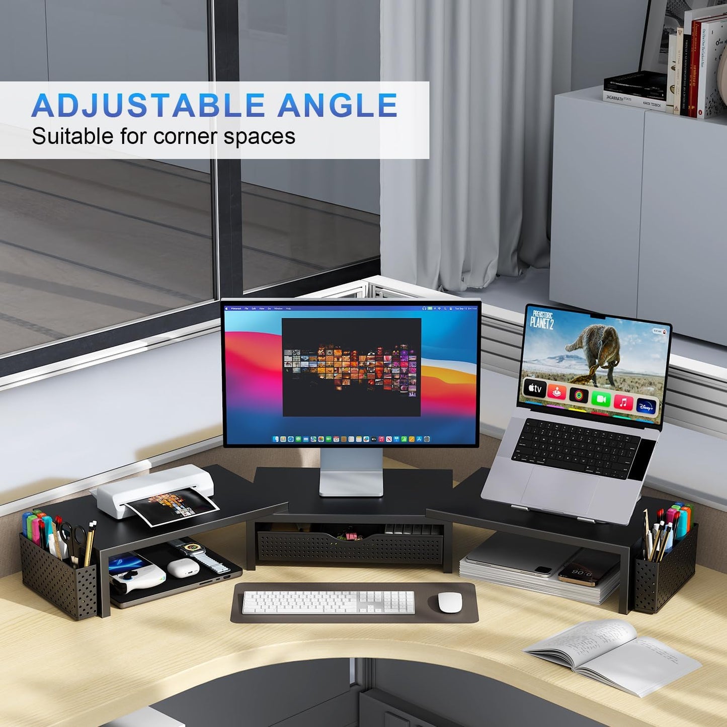 gianotter Dual Monitor Stand Riser, Desk Organizer With Drawer and 2 Pen Holders,Computer Monitor Stand, Desk Shelf for Top of Desk, Wood