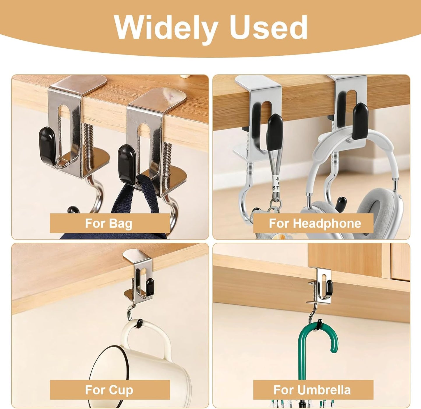 8PCS Desk Hook, Under Desk Handbag Hanger Purse Hook Holder for Table, Backpack Hanger Purse Holder for Desk Adjustable Can Hook Bags, Headphone Holder, Umbrellas, Cups and Keys