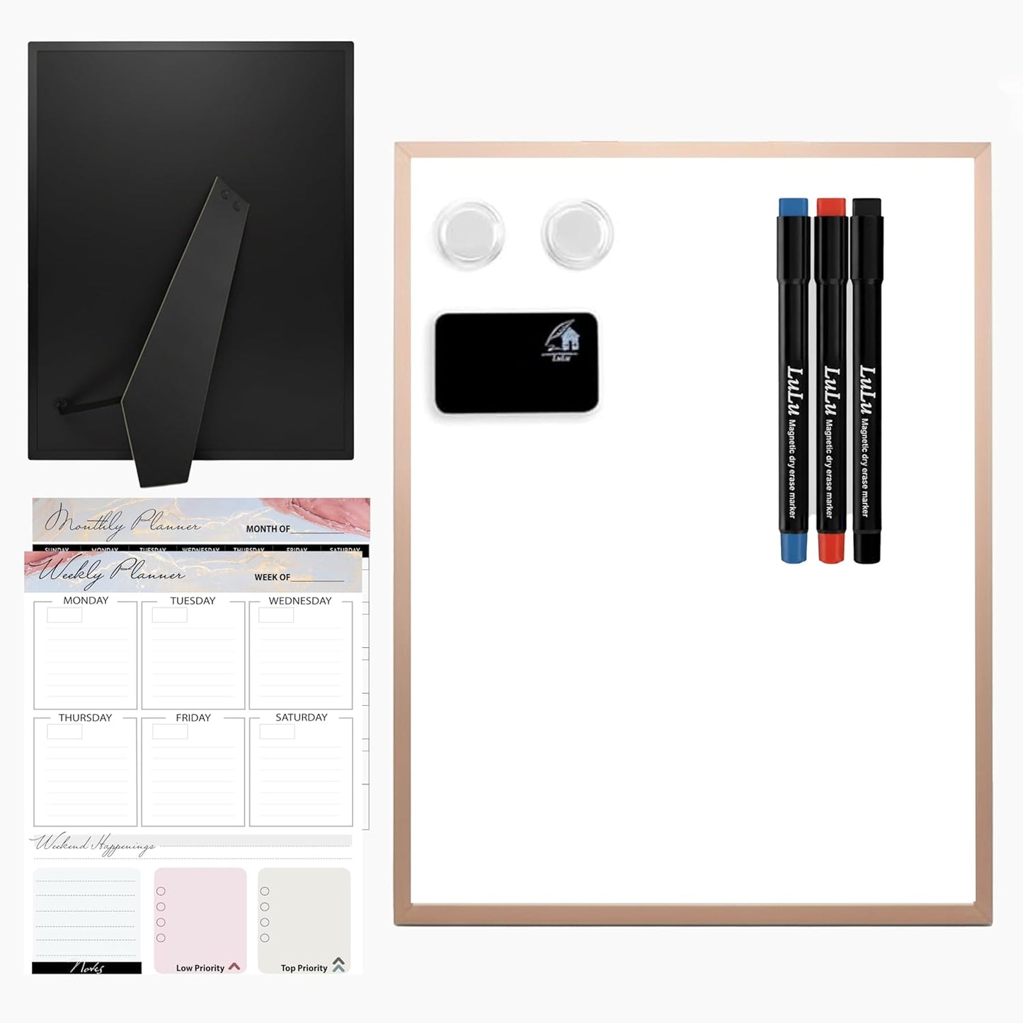 Magnetic Dry Erase Board 12x16 with Foldable Stand, Portable Gold Desktop Whiteboard for Home, Office, School & Kitchen, Includes Weekly & Monthly Magnetic Planner Sheets
